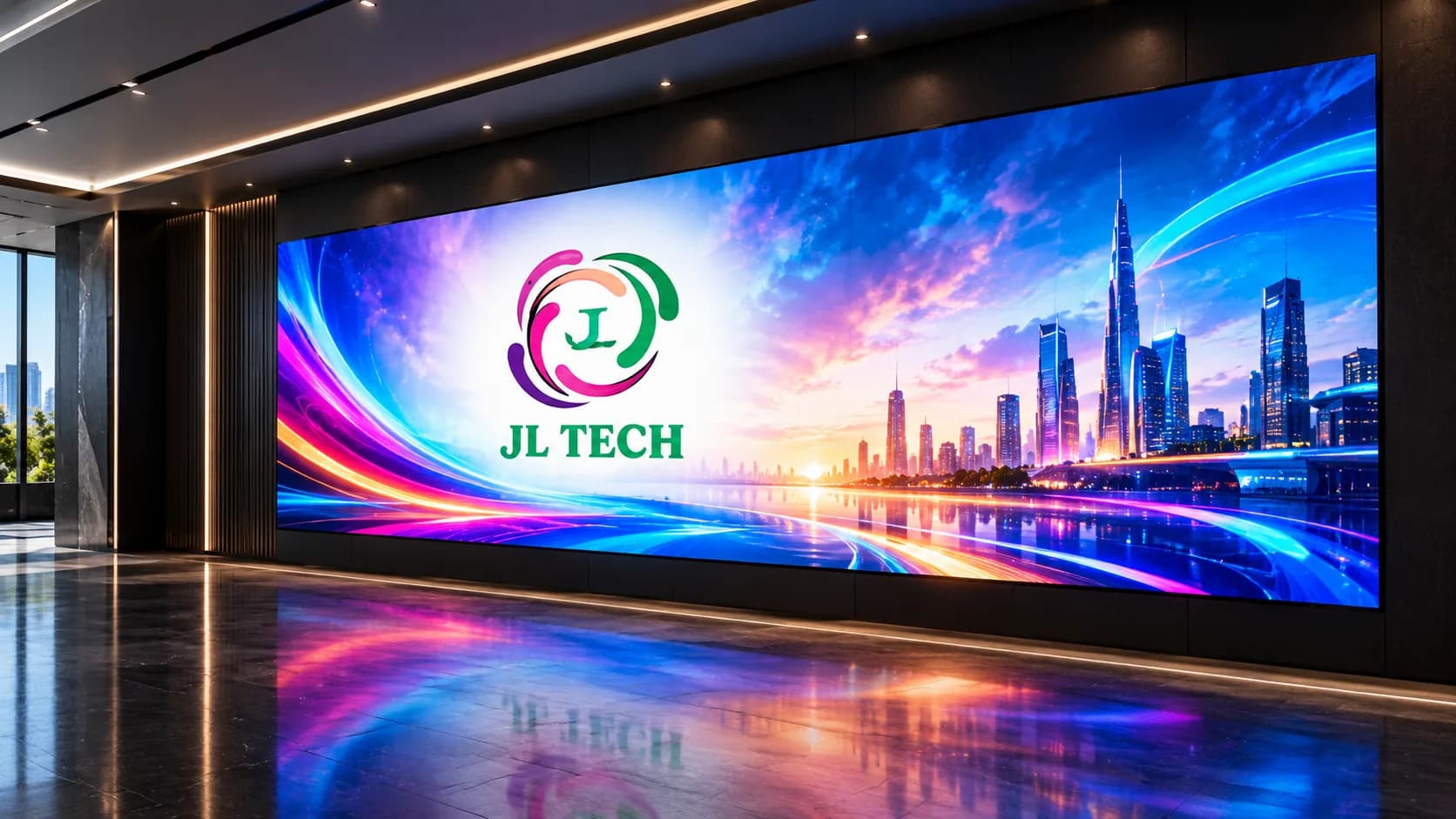 Large LED video wall in a lobby showing the J L Tech logo beside a city skyline at sunset