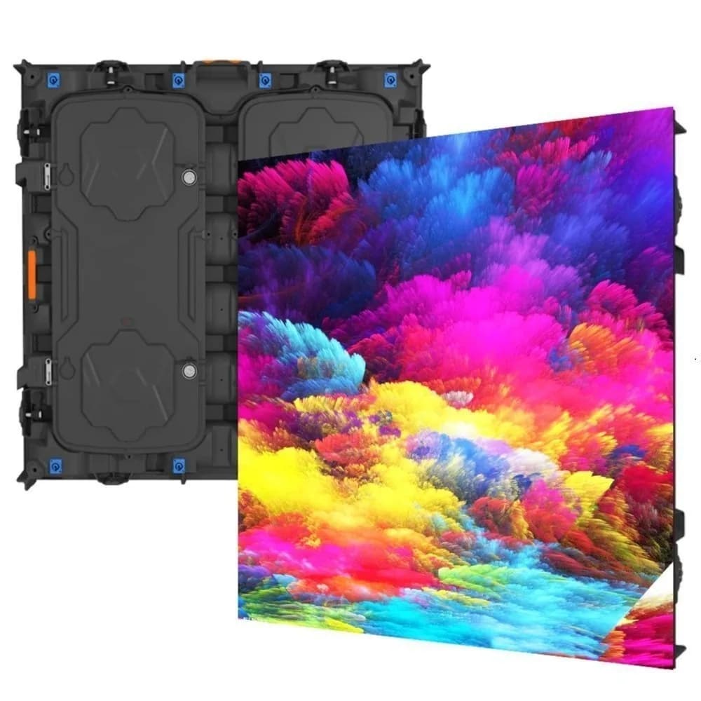 LED cabinet showing colourful clouds, with the back of the cabinet