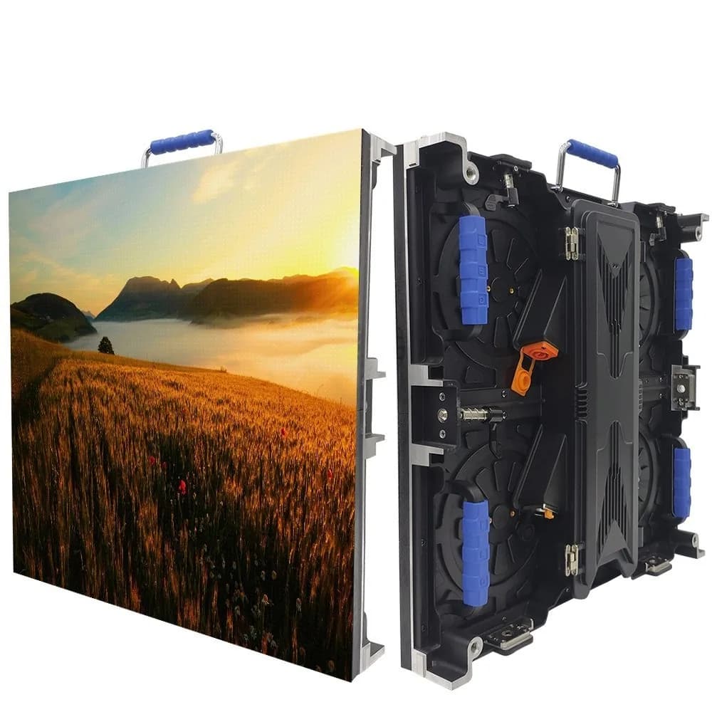LED cabinet showing a golden field, with the back of the cabinet