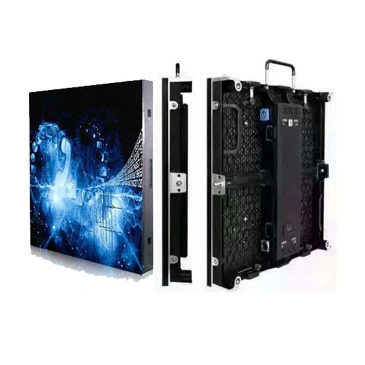 LED cabinet showing a blue abstract image, front and back