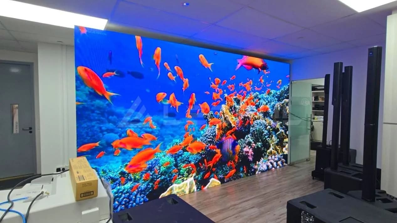Indoor LED wall showing coral and fish