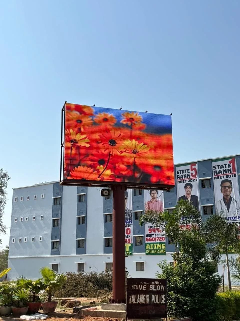 Pole-mounted outdoor LED billboard in daylight showing red flowers